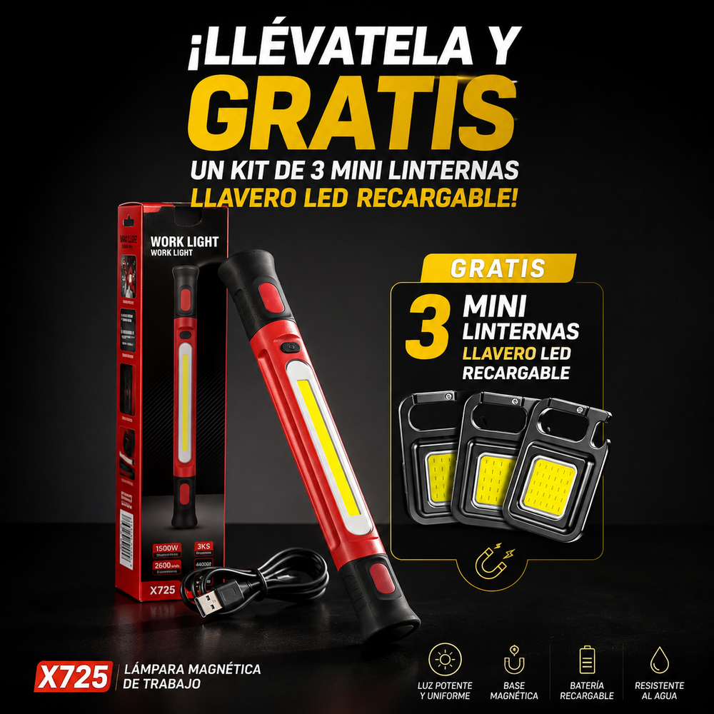 Lámpara Magnética de Trabajo y te regalamos GRATIS un Kit de 3 Mini Linternas Llavero LED Recargable