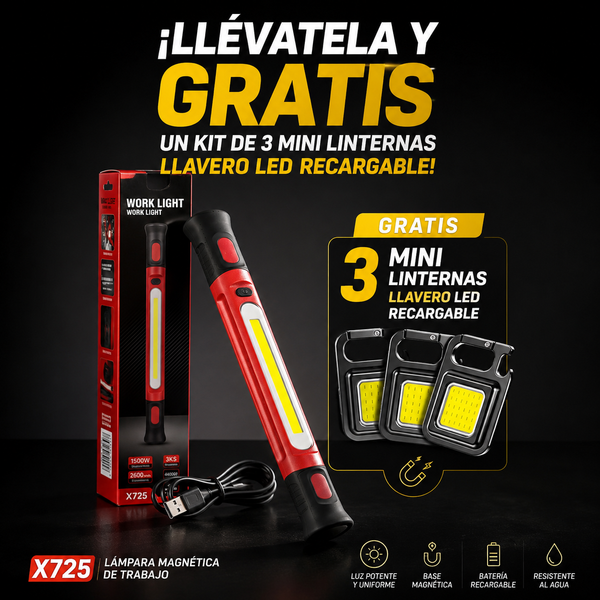 Lámpara Magnética de Trabajo y te regalamos GRATIS un Kit de 3 Mini Linternas Llavero LED Recargable